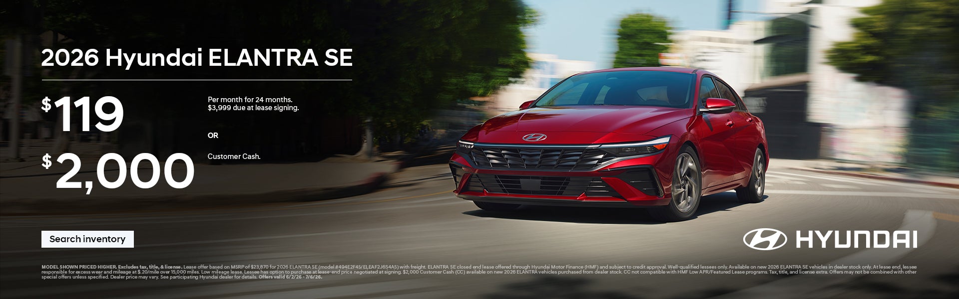 2026 Hyundai Elantra Lease or Customer Cash Offer